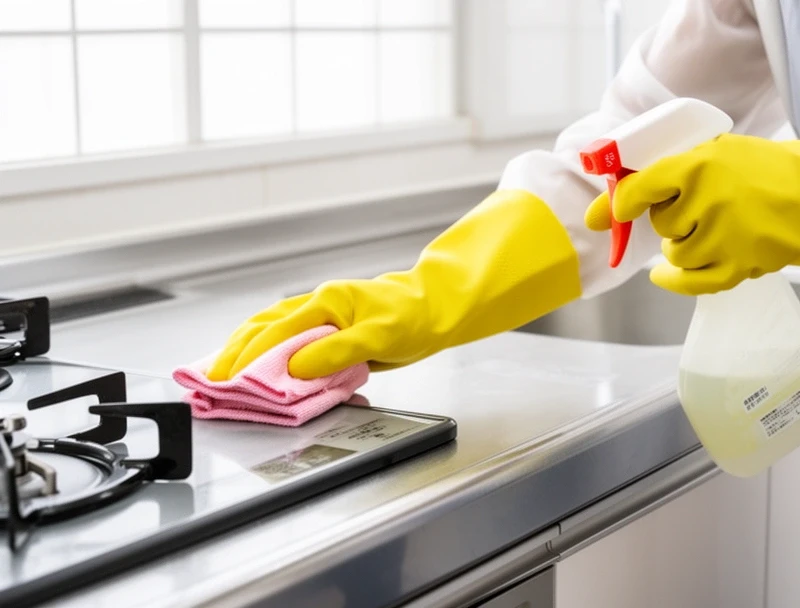 スタッフがキッチンを清掃している様子