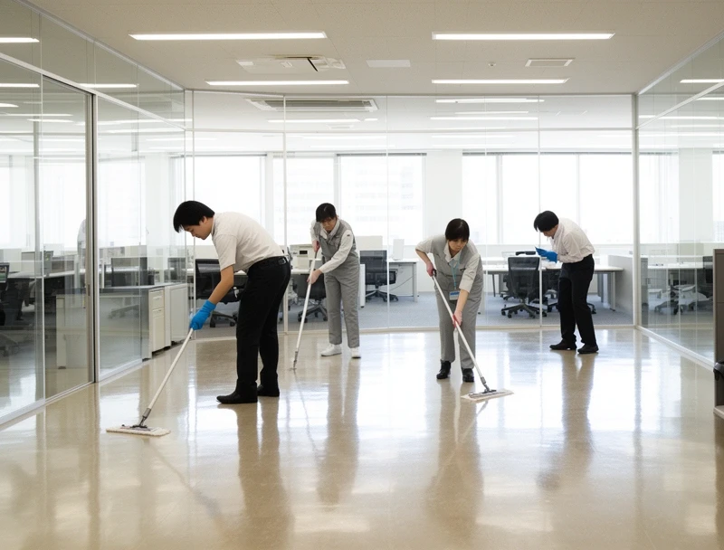 清潔なオフィス空間、スタッフが床を清掃中